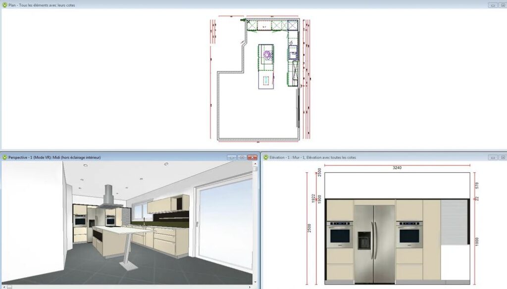 Plan de cuisine avec logiciel 3d utilisé par les architecte d'interieur